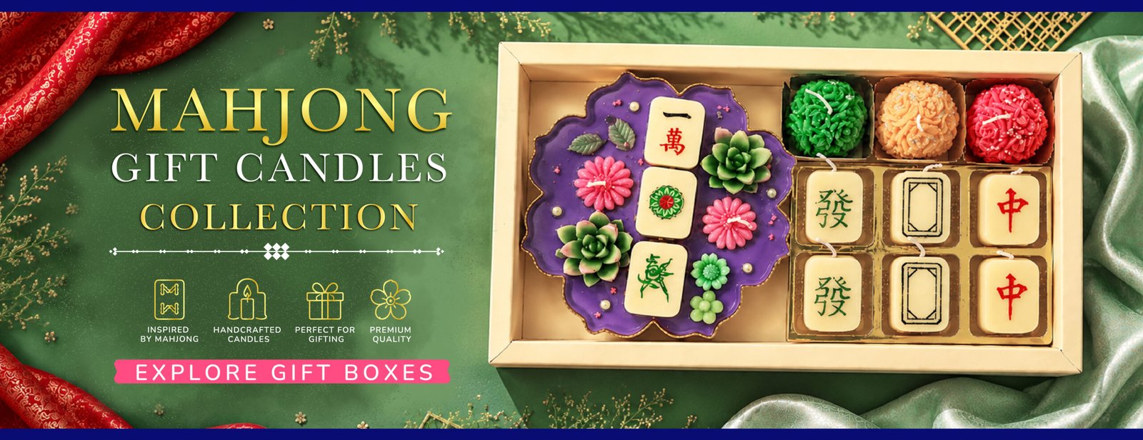 Mahjong gift candle collection featuring handcrafted mahjong tile candles and luxury gift box